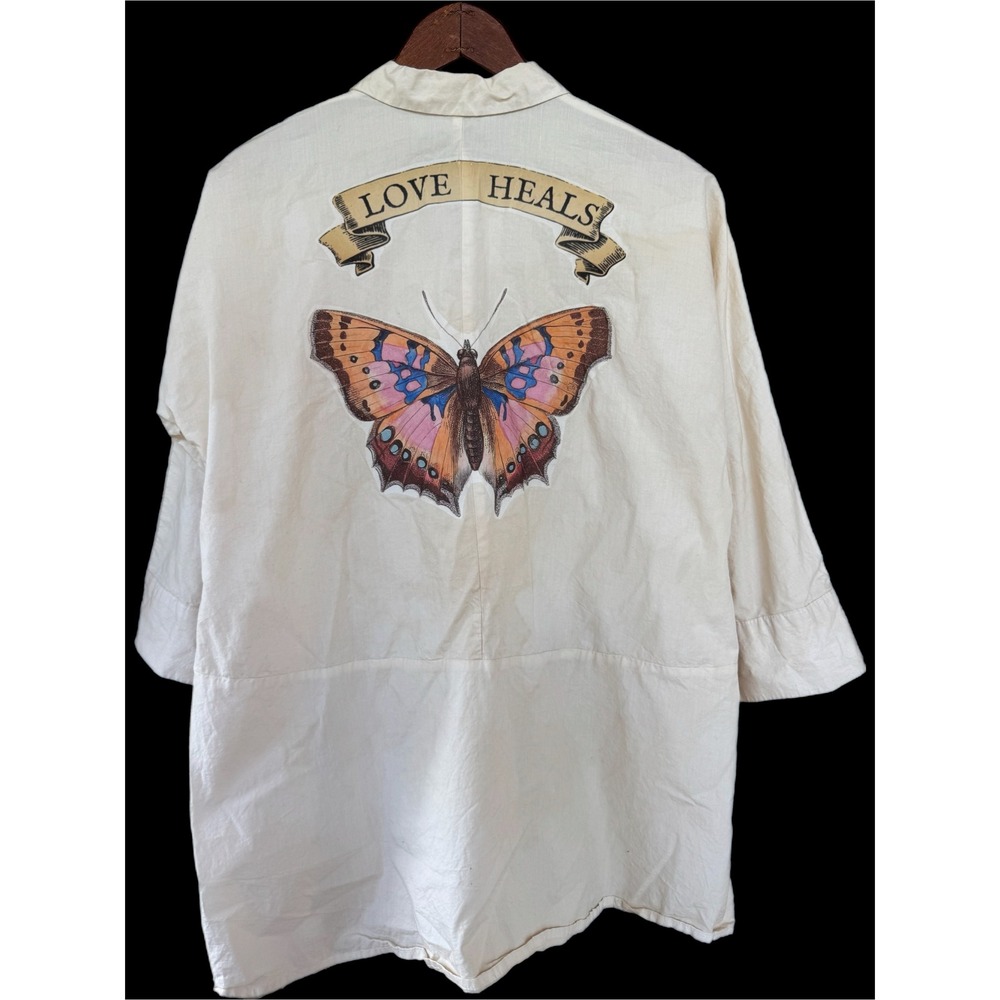 Tea Stained Cotton Shirt Butterfly Love Heals Art Oversized Boho 3/4 Sleeve